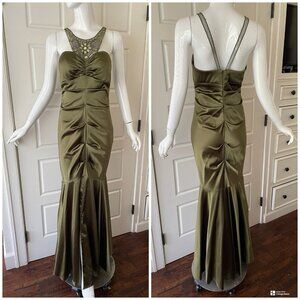 Xscape Fairy Green Satin Beaded Mermaid Gown Dress Ruched Formal Prom 10 USA